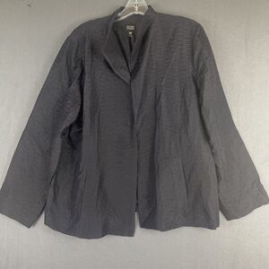 Eileen Fisher Jacket Blazer Navy Blue Womens XL Silk Mandarin Collar Open Front